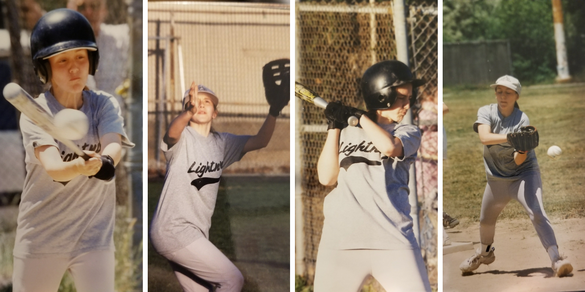 Four photos of Valerie Anne as a child, playing softball