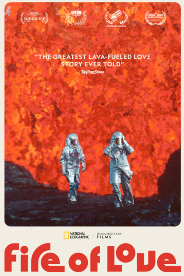 the image for fire of love shows two people in heat resistant suits approaching a whole bunch of lava! just a whole wall of lava!