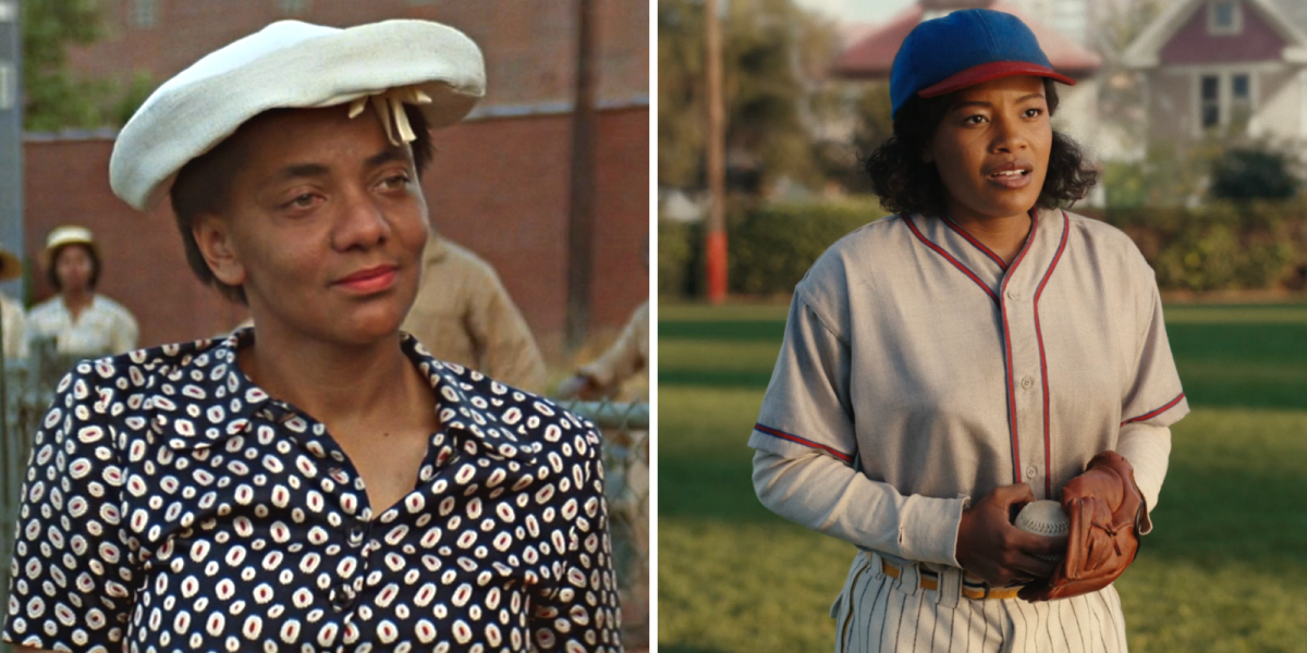 A League of Their Own movie references and Easter eggs: in the 1992 movie a black woman wears a hat while looking resigned and in the 2022 movie Max, also a black woman, stands shocked in a hat and a glove