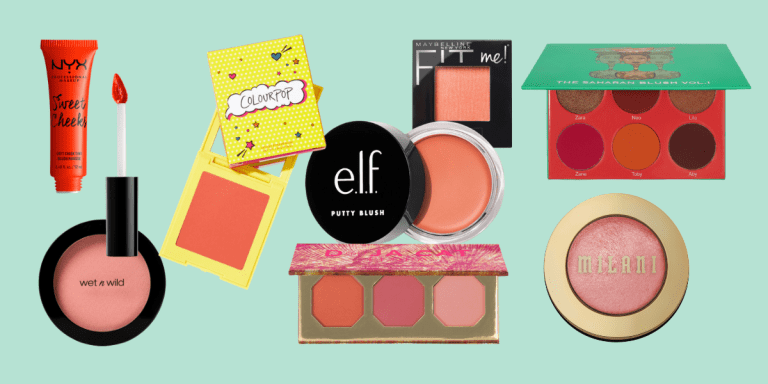 A set of blush compacts, blush palettes, and liquid blush in shades of pink, red, and orange.