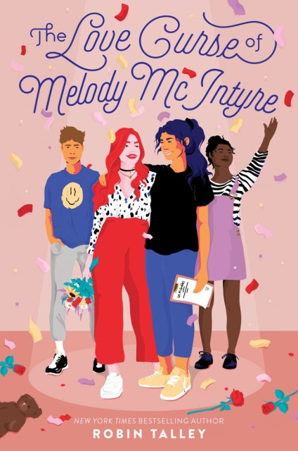 pink background with book's title in blue script. four kids are standing on a stage: a boy with short brown hair and orange skin in jeans and a tee shirt, a girl with long red hair and pale skin, a white patterned top and red pants, a girl with indigo hair and orange skin in a black tee and jeans, and a black girl with a bun wearing a striped dress