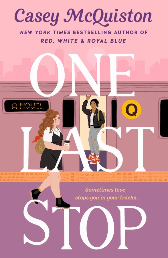 the cover of one last stop shows one illustrated person walking past an open train door while holding a coffee with a person inside holding onto the stabilizer loop and looking out at the first character