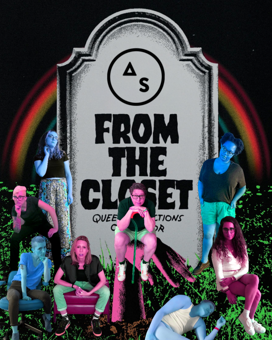 the autostraddle team has been collaged on the It Came From the Closet cover. There is a tombstone, with a rainbow behind it, and a hand doing the "gay" flop coming out of the ground. Anya, Carmen Laneia and Viv are in shades of blue and green, while Kayla, heather, Riese, and Nico are in shades of pink, green, and white. The overall effect is eerie and spooky.