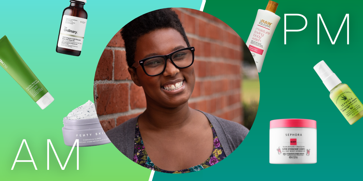 A photo of Sa'iyda surrounded by skincare products on a blue and green background