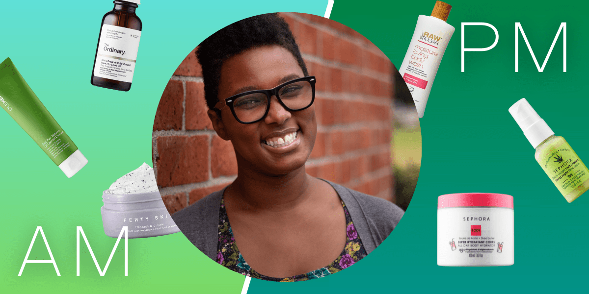 A photo of Sa'iyda surrounded by skincare products on a blue and green background