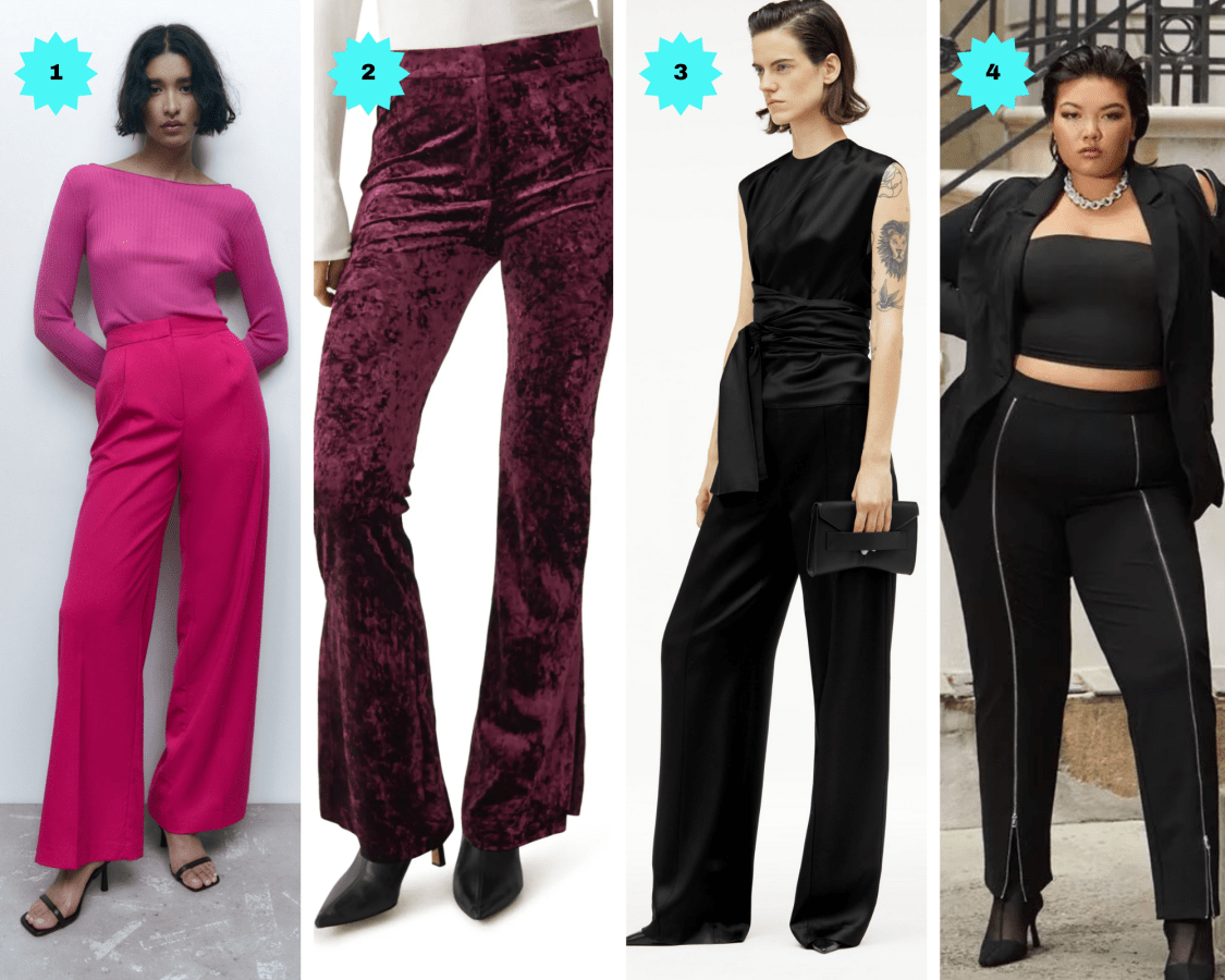 Photo 1: Pink wide leg pants. Photo 2: Dark red crushed velvet pants. Photo 3: Black high-waisted wide leg shiny pants. Photo 4: High-waisted zip front track pants.