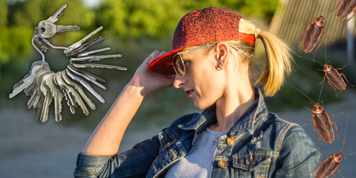 a collage showing a blonde white woman wearing sunglasses, a jean jacket and a red baseball cap with ponytail pulled through as well as a ring of keys and several roaches