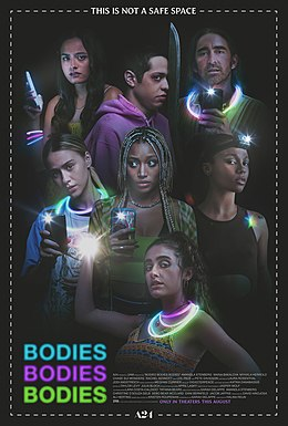 cover of bodies, bodies, bodies shows a group of actors wearing glow necklaces and bracelets, holding up and shining phones, while one of them holds what looks like a machete