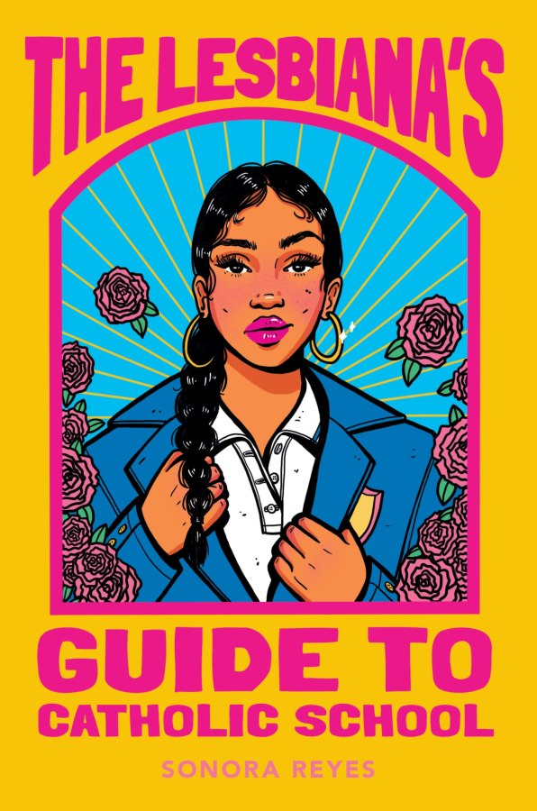 the cover of the lesbiana's guide to catholic chool depicts a young woman on it with braided hair, hoop earrings, wearing a school uniform, surrounded by roses. it's an illustration