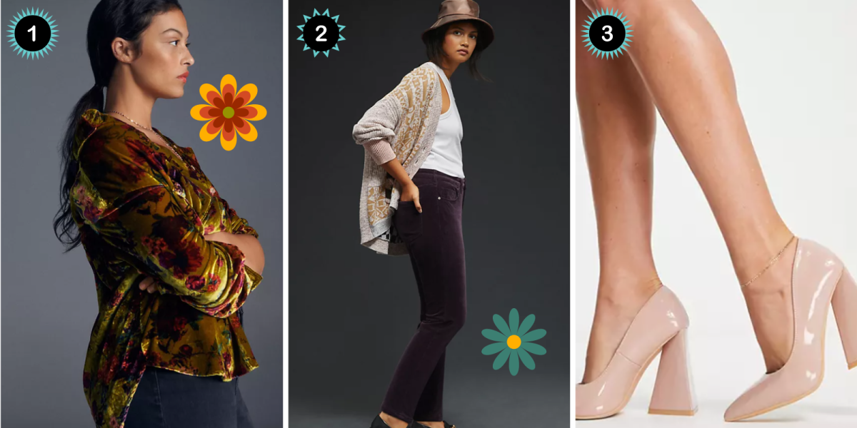 Photo 1: A relaxed velvet buttondown. Photo 2: Purpley corduroy Pants. Photo 3: Pale pink patent heels.