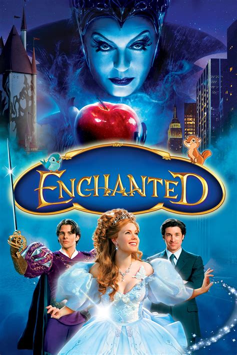 the cover of enchanted has a princess on it, a guy with a sword, a guy in a suit, and an evil queen type character