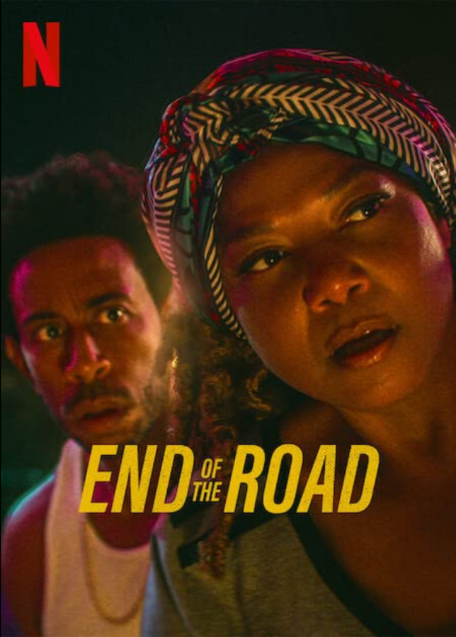 cover of end of the road shows queen latifah and another actor, lit as though at night, looking at something
