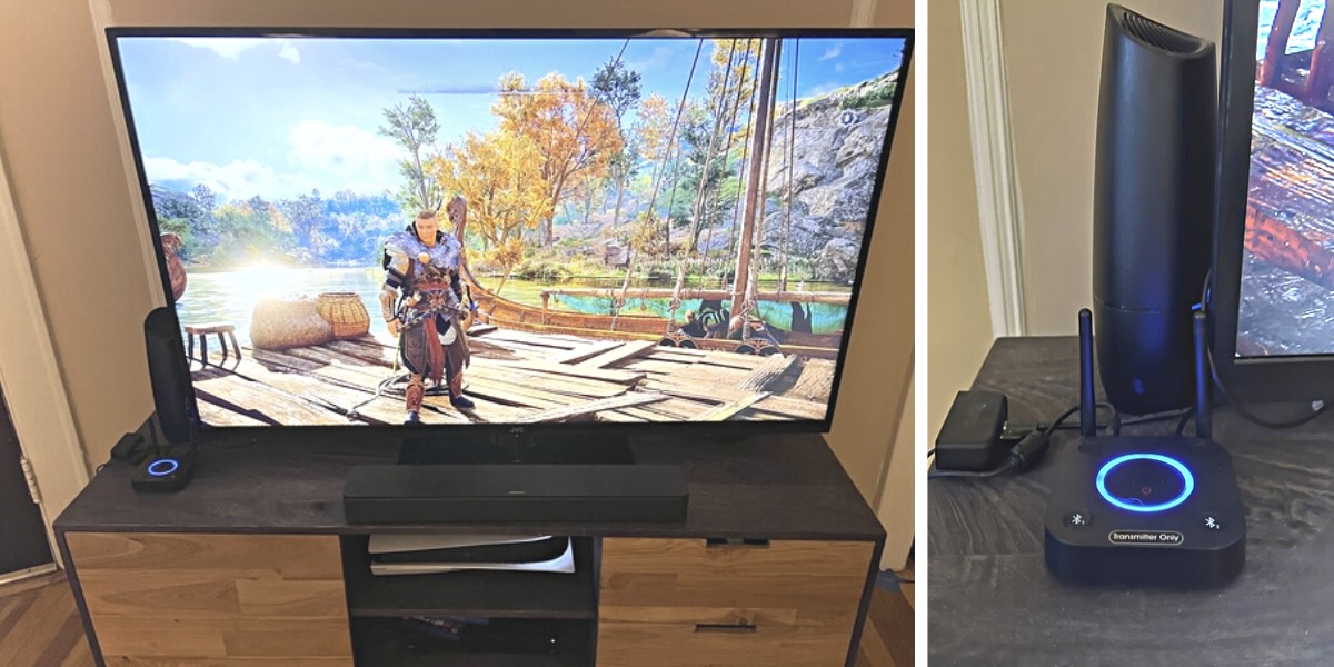 On the left, a bluetooth receptor sits on a broad coffee table next to a television showing a video game, on the right a close up of the same receptor, it is a flat black square with a blue electric circle and black antena ears sticking out