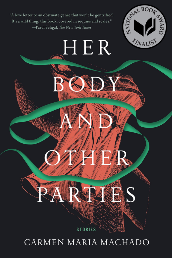 the cover of her body and other parties which shows an illustration of a woman's neck in red lines with a green ribbon floating around it