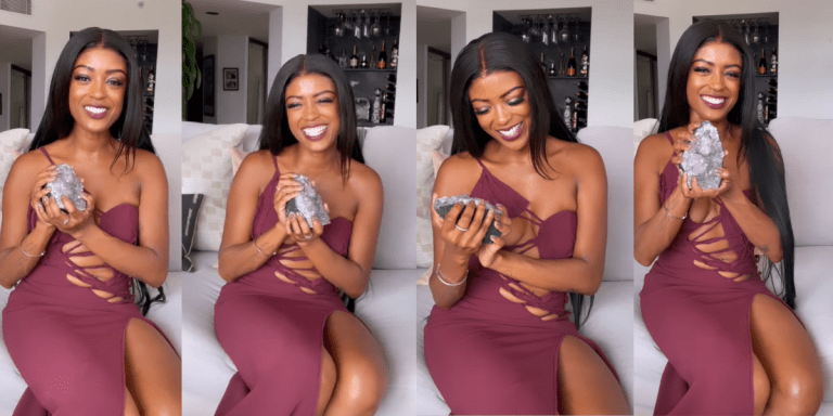 Four photos collaged together of Javicia Leslie in a burgundy dress holding up a crystal as if it is an awards trophy.