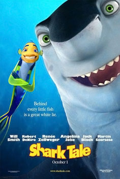 cover of shark tale shows a happy looking cartoon shark and a fish with its fins folded like arms, also smiling