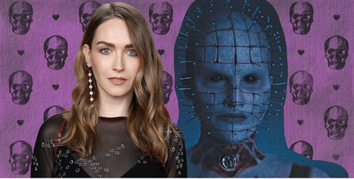 a collage with a purple skull and heart background, a photo of jamie clayton on the left, and a cut-out of the first look at jamie clayton's pinhead on the right