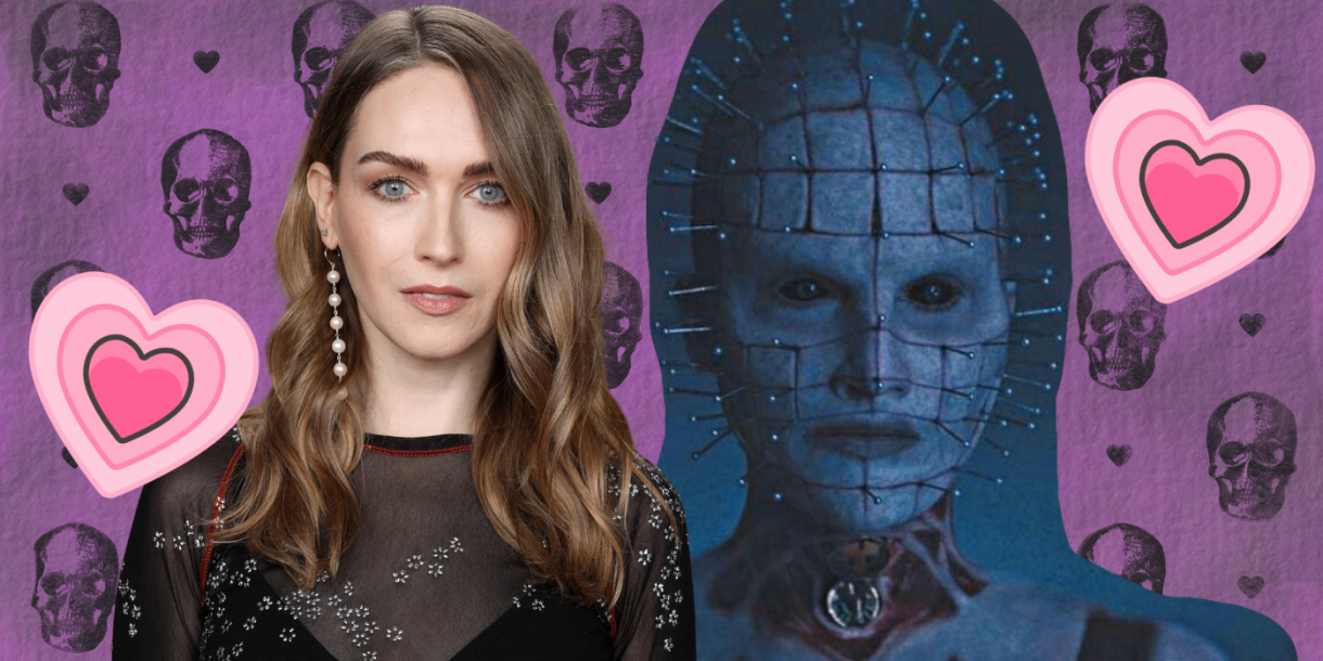 a collage with a purple skull and heart background, a photo of jamie clayton on the left, and a cut-out of the first look at jamie clayton's pinhead on the right, now with clip art pink hearts