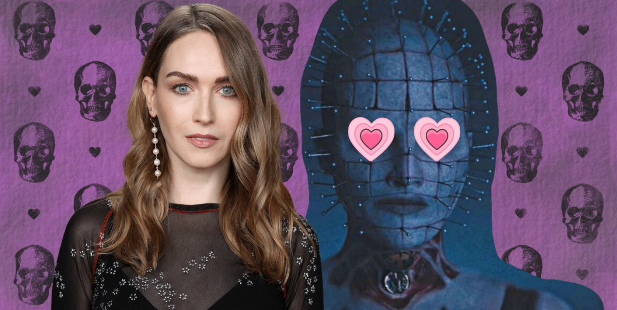 a collage with a purple skull and heart background, a photo of jamie clayton on the left, and a cut-out of the first look at jamie clayton's pinhead on the right, now with clip art pink hearts over pinhead's eyes
