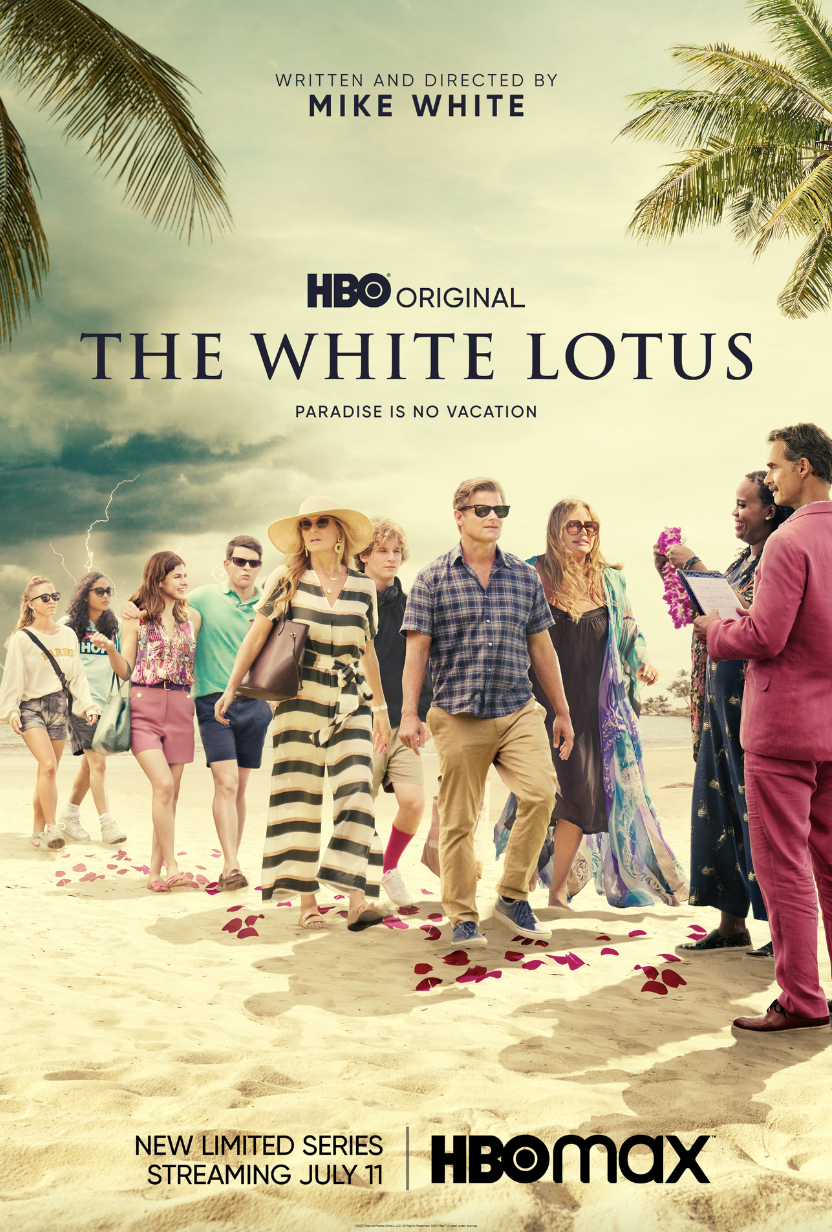 the cover of the white lotus shows the cast of, mostly white characters except for one teenage girl and one black woman, standing on the beach with petals beneath their feet and a storm in the background
