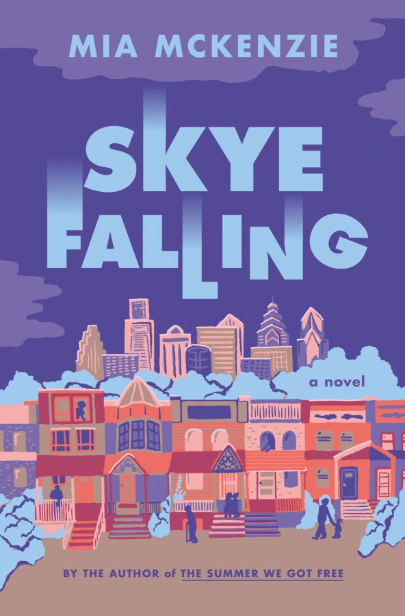 the cover of skye falling has an illustration of a residential street in a city on it