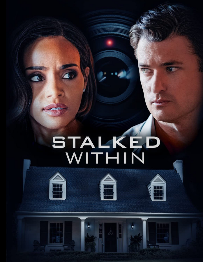 stalked within movie cover shows two concerned looking adults, one man and one woman, superimposed over a suburban house