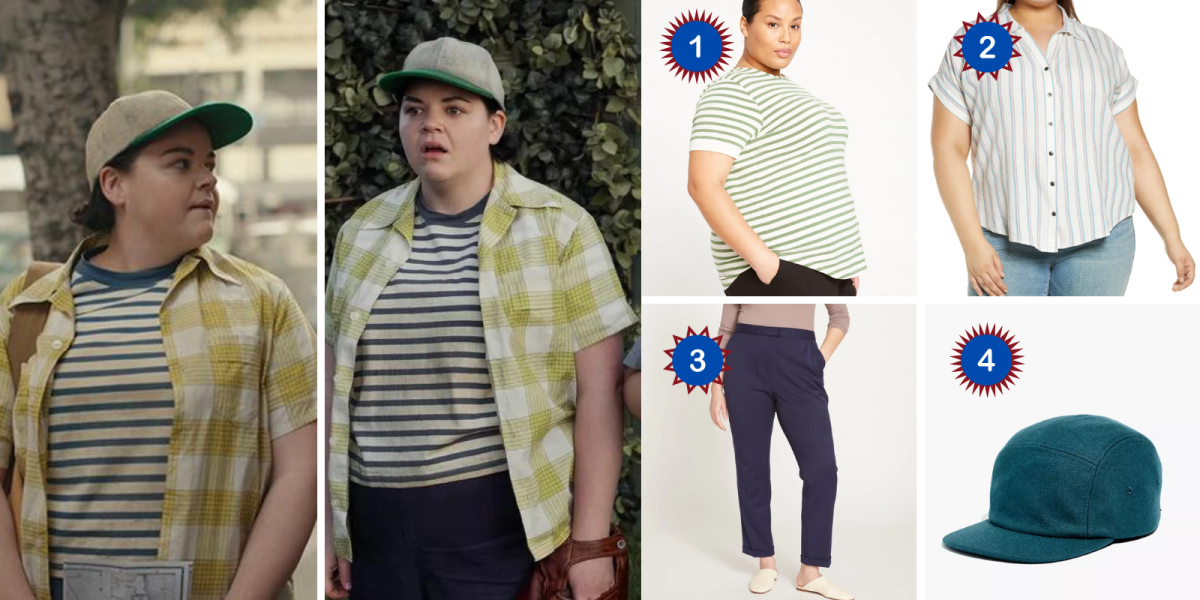 Jo Deluca in A League of Their Own wears a striped tee with a plaid yellow short-sleeved buttondown and a two-color baseball cap over blue pants. Products depicted: A green and cream striped tee, a blue and white striped short-sleeved buttondown, a pair of blue trousers that are cuffed, and a teal wool ball cap.