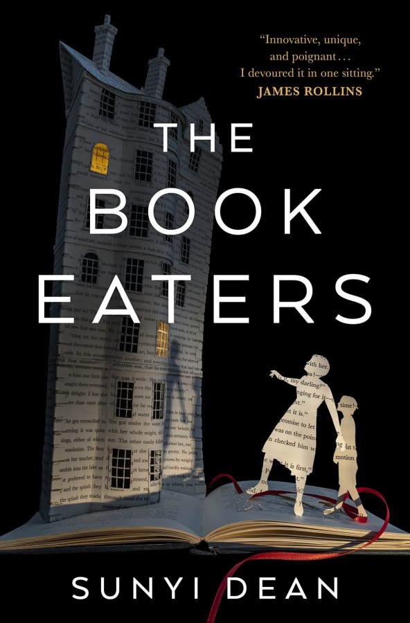 the cover of the book eaters has an illustration of a an open book with two characters cut out from a book's page standing on it looking at a house that, similarly, is made out of what looks like book pages
