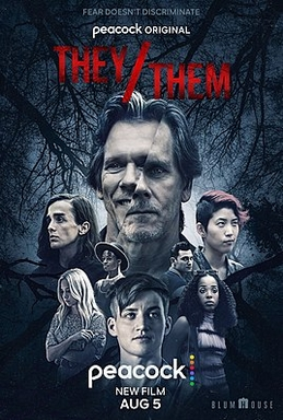 the cover of they/them shows kevin bacon and theo germaine in the center of a diverse queer cast with a background of the forest behind them