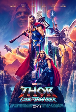 cover of thor love and thunder shows thor and natalie portman posing in armor and capes in front of a background of other characters