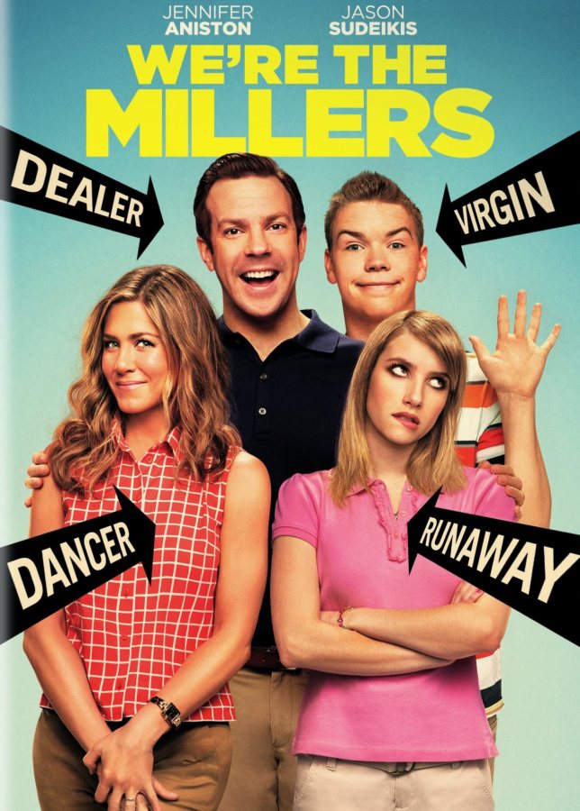 the cover of we're the millers shows a white family, each of them with an arrow pointing at them. the father figure is labeled "dealer" the mother figure "dancer" the daughter figure "runaway" and the son figure "virgin"