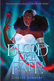 book cover of blood like fate shows an illustration of a woman in a white dress, with a red ribbonny mist floating in front of her and around her hand