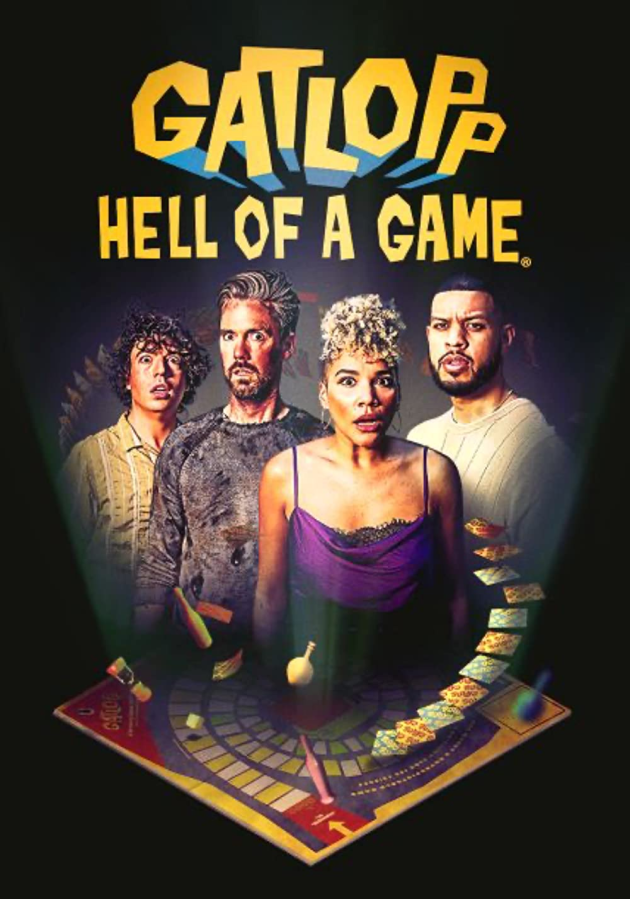 movie cover of gatlopp hell of a game shows four people with their ouths gapin in consternation over a board game board with cards floating around them