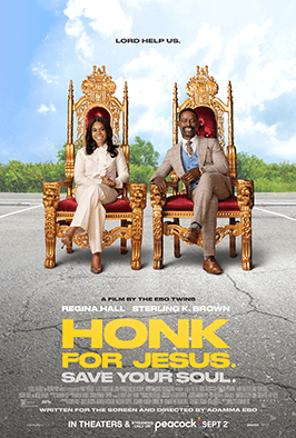 cover of honk for jesus shows a black man and a black woman, both in suits, seated on two thrones in what looks like a parking lot