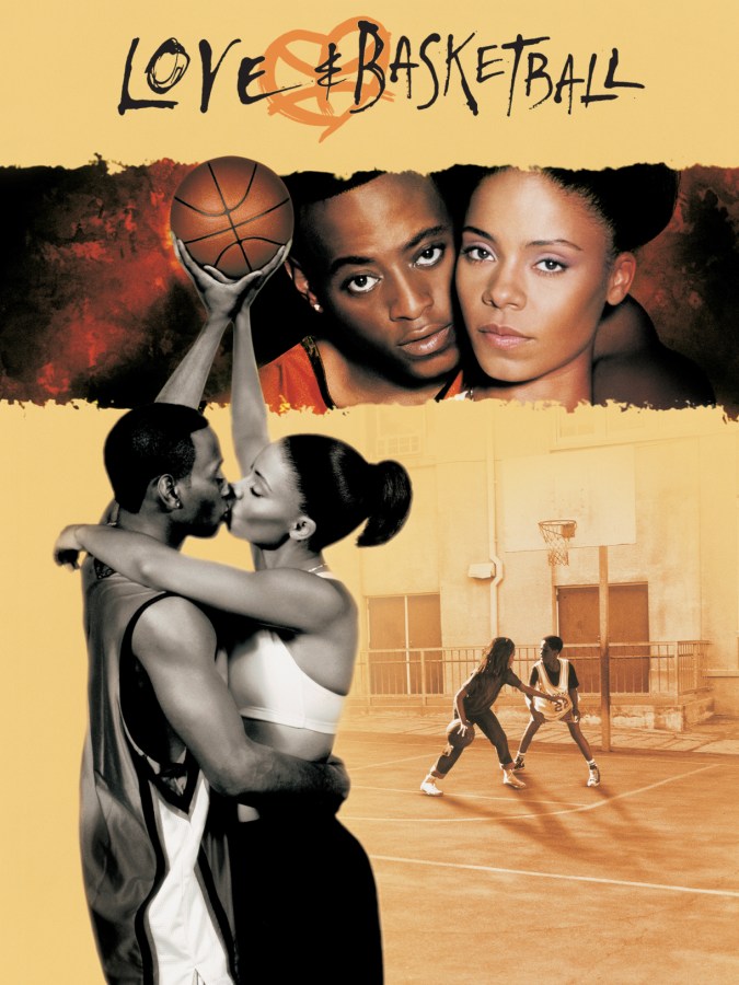 cover of love and basketball shows two black people kissing while holding up a basketball