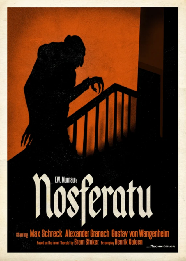 cover of nosferatur shows the vampire's shadow, creeping up a staircase