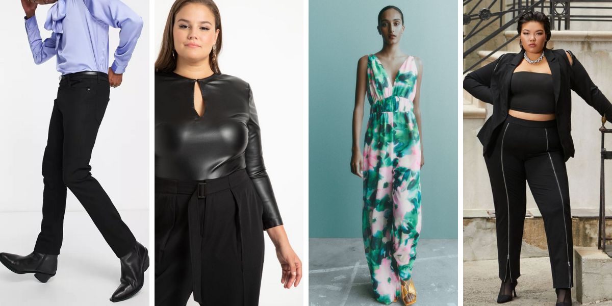 Photo 1: A periwinkle long-sleeved satin blouse with a pussy bow collar. Photo 2: A keyhole long-sleeved leather-look bodysuit. Photo 3: A sleeveless floral jumpsuit in pink and green. Photo 4: High-waisted zip-front track pants in black.