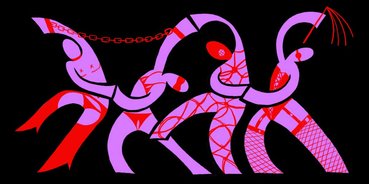 four abstractly illustrated figures engage in a celebratory kinky dance. from left to right we have someone with top surgery scars wearing assless chaps, connected bvia a pair of cuffs to a person who is blindfolded and wearing cut out underwear, who is dancing next to someone in a mask and what appears to abe a full body rope bind, and followed by a person in a fishnet, corset and ballgag waving a flogger above their head. The figures are featureless and hairless and purple and the kink elements are red