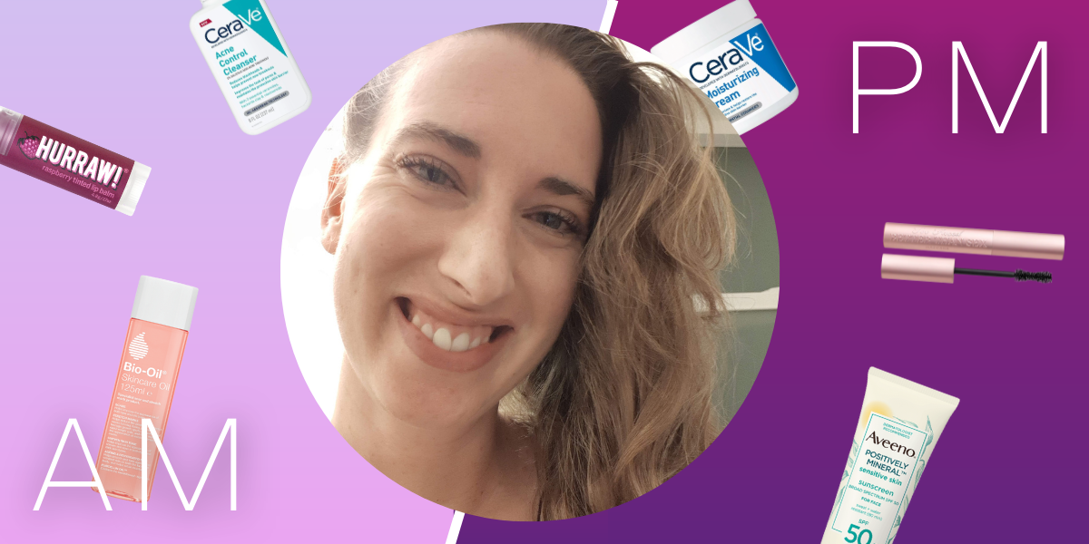 A photo of Casey surrounded by skincare products on a purple and pink background