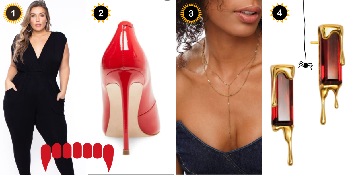 Photo 1: A black jumpsuit. Photo 2: A red patent leather pump. Photo 3: A long layered gold necklace. Photo 4: A pair of red earrings with gold drips.