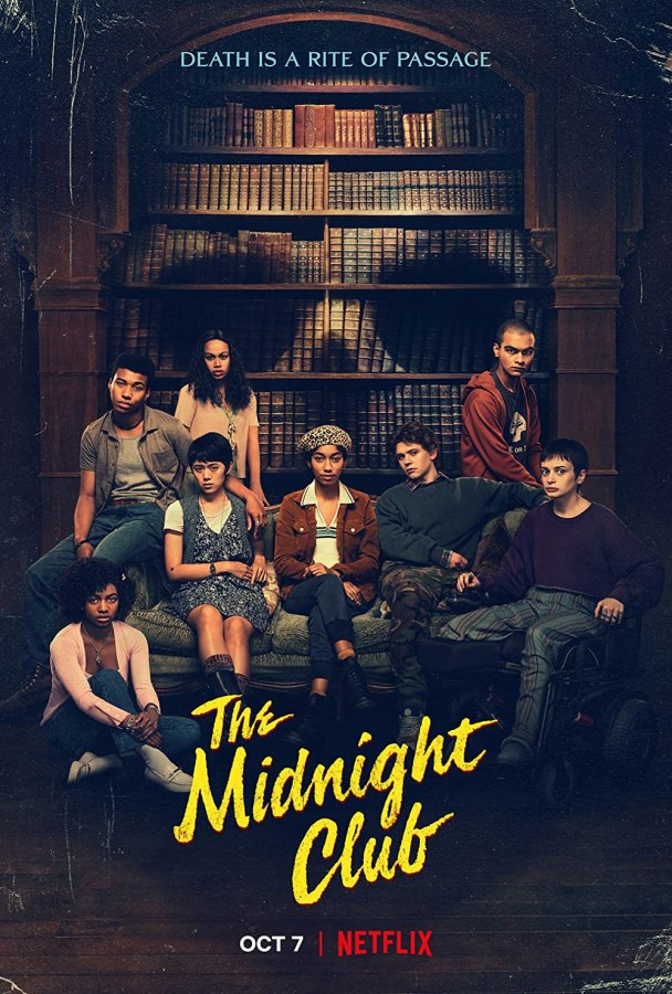 the cover of the midnight club showing a group of dark academia style students seated in a dark room in front of a book case shaped like a skull