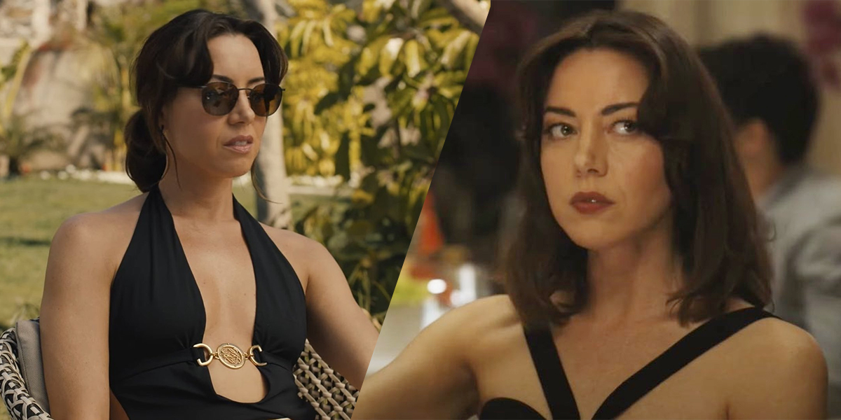 Aubrey Plaza glaring while wearing a swimsuit, and Aubrey Plaza glowering while wearing an evening dress