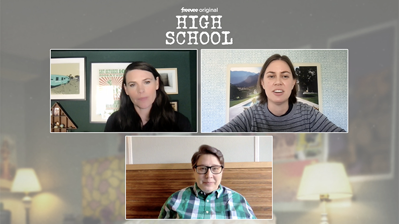 A three-split Zoom screen of Heather Hogan, Clea Duvall, and Laura Kittrell 