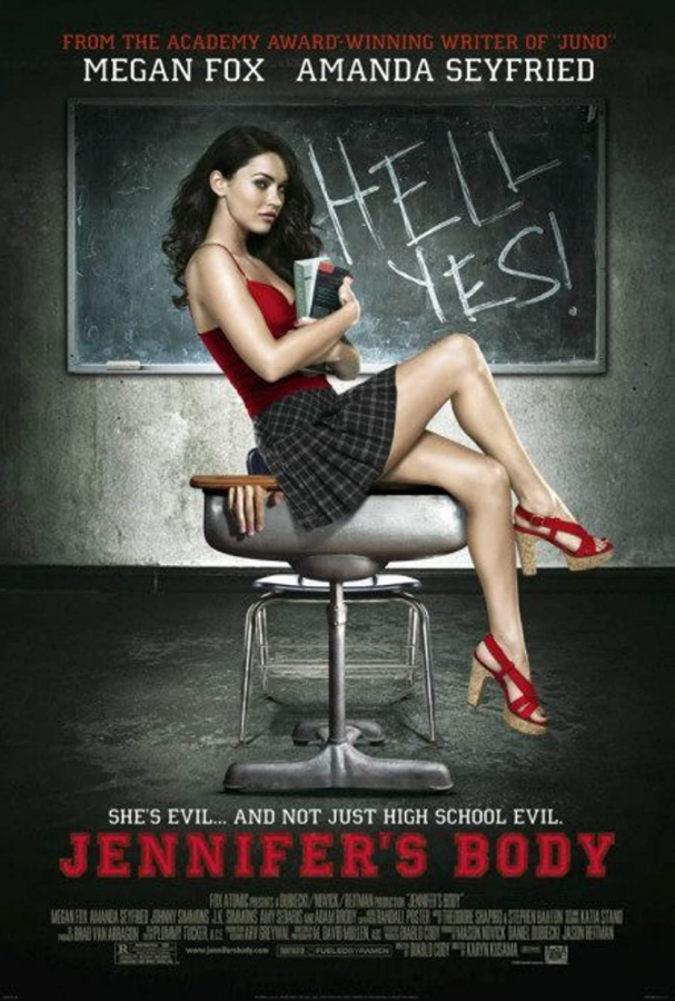 the cover of Jennifer's body showing Megan Fox balanced on a desk out of which is hanging a dead man's hand. she is wearing a short plaid skirt, red top and espadrilles. on the chalk board behind her is scrawled "Hell Yes"