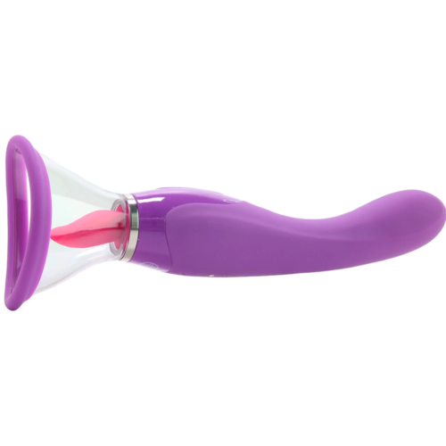 Her Ultimate Pleasure, a purple vibrator, has a dildo-shaped part on one end. On the other end, there is a small, pink, silicone tongue surrounded by a clear, plastic cone. Light purple buttons are in the center of the toy. 