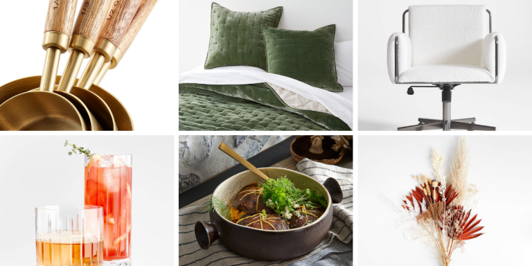 Measuring cups, green velvet pillows, a white office chair, a glass for drinking, a speckled serving bowl, and a bouquet of dried florals