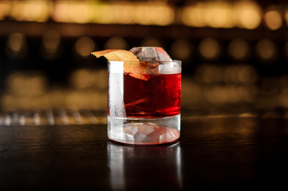 A boulevardier sitting on a bar top