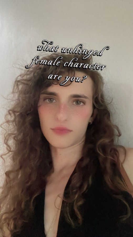 Drew, a white woman with long curly hair, with text in front of her that reads "what unhinged female character are you?"