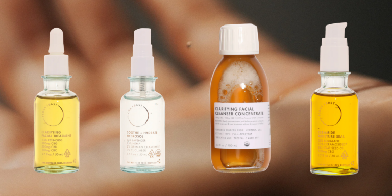 Four skincare products from Flora+Bast overlaid on a photo of someones hand.