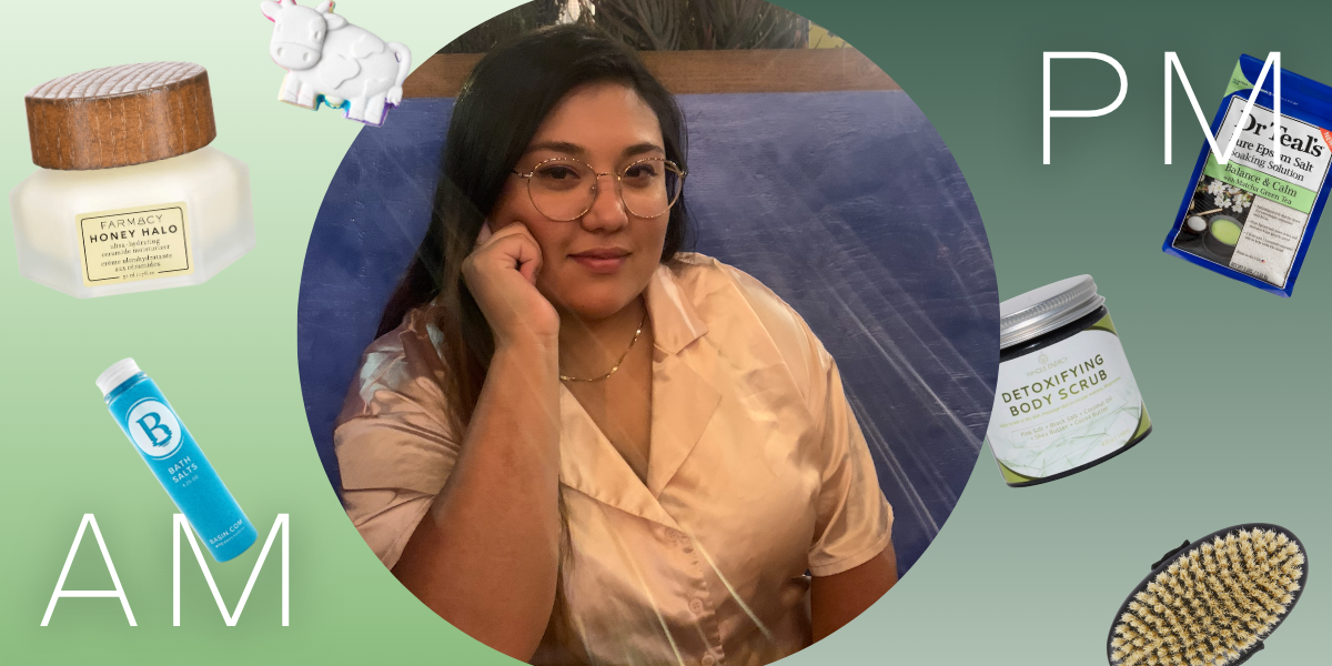 Photo of Em on a mint green background surrounded by bath products